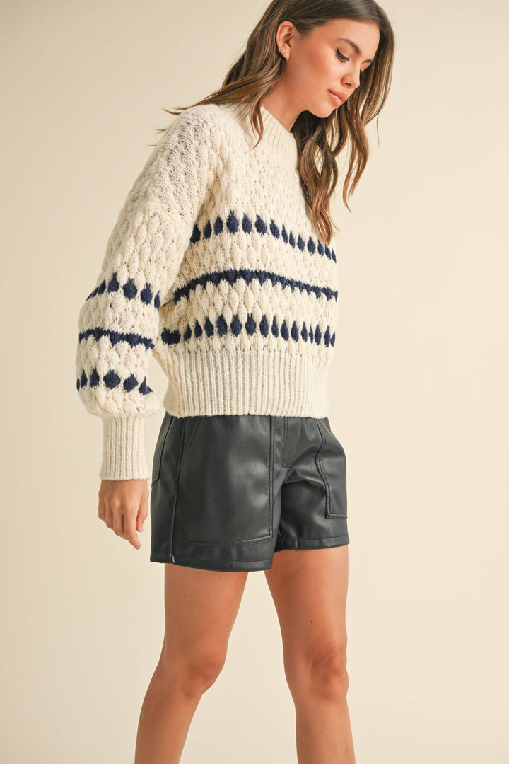 Mock neck long sleeve sweater in cream and navy