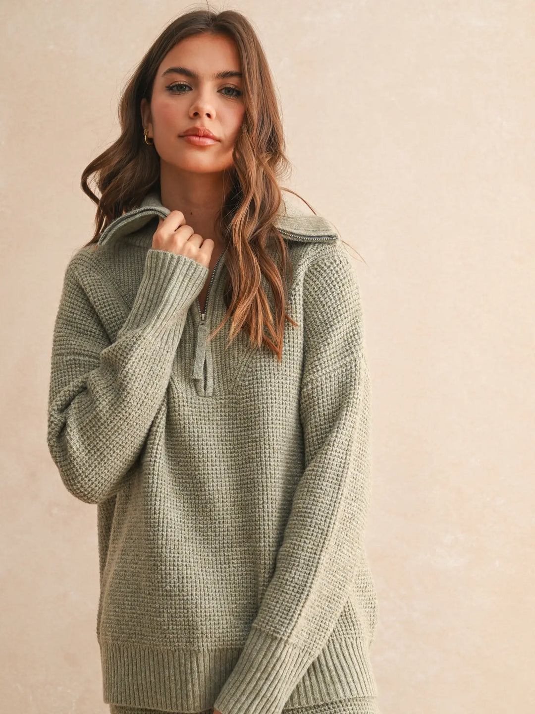 Quarter zip collared long sleeve waffle sweater in sage