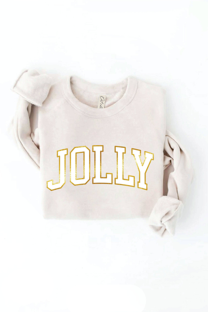 Beige sweatshirt with 'JOLLY' text on a white background