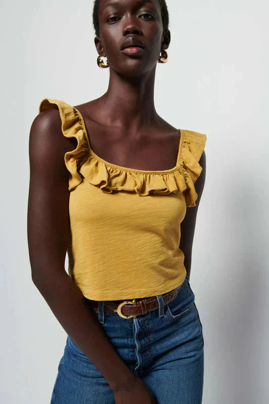 Nation LTD Rosa Solid Ruffle Top in Antique Gold front view - dear lucy
Gold, slightly cropped, tank top featuring a square neckline and ruffle trim on the straps.