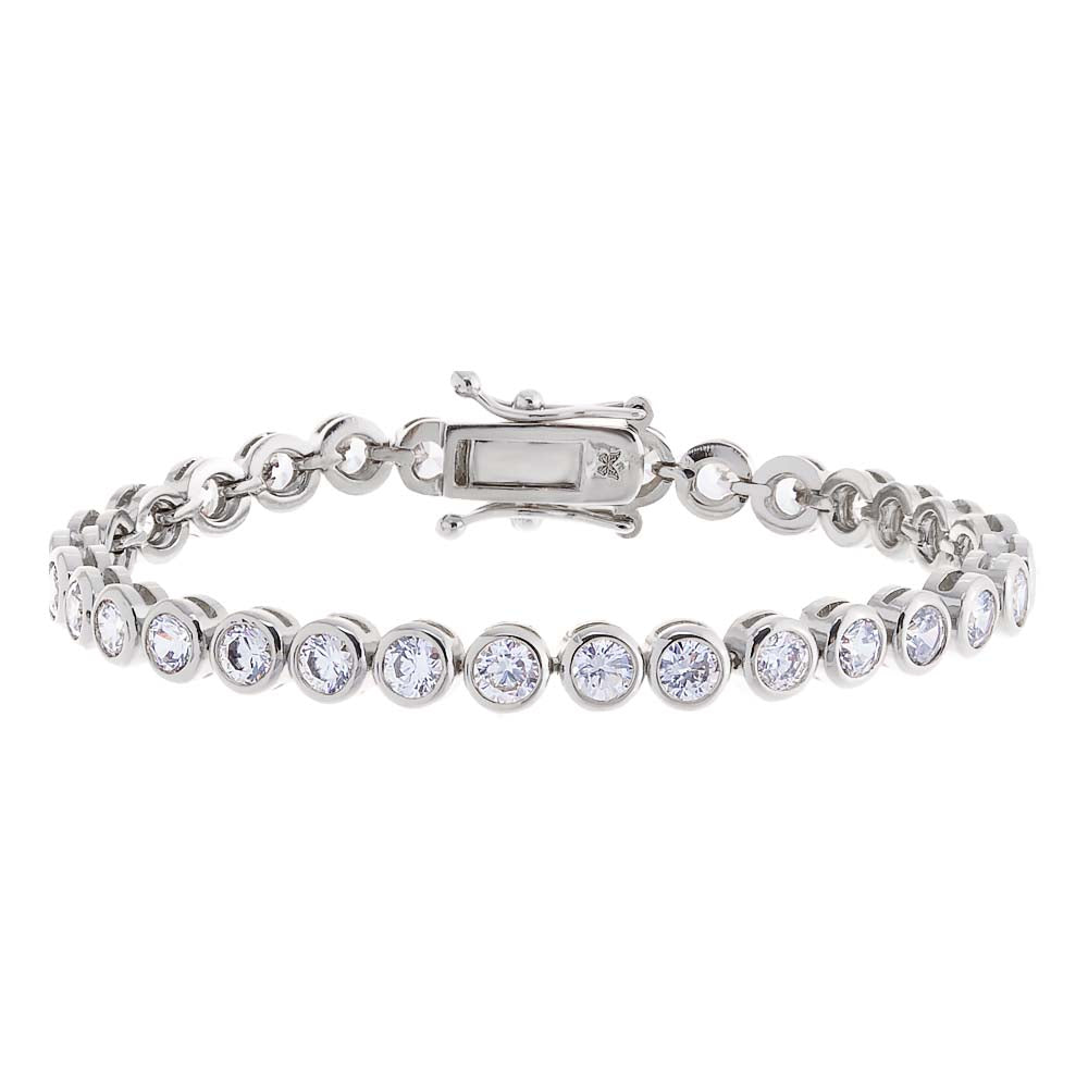 Silver bracelet with clear gemstones on a white background