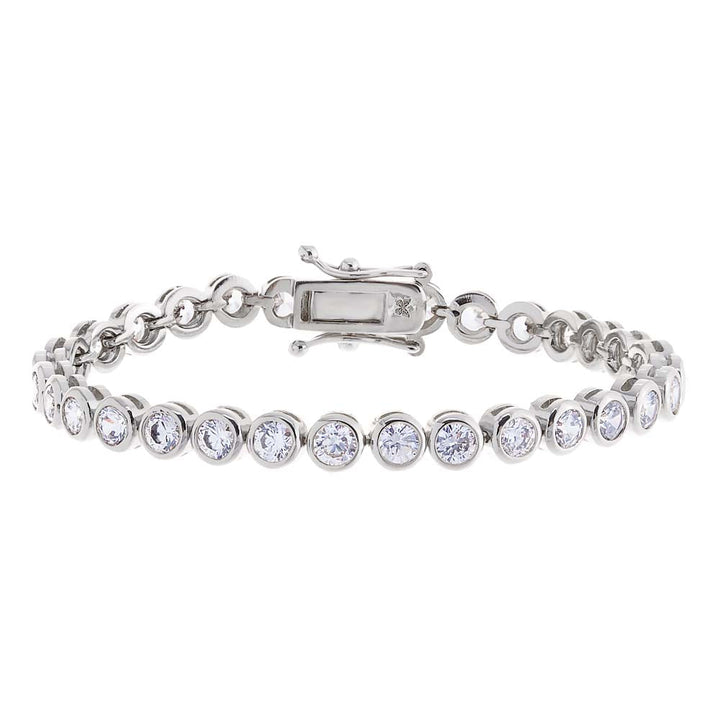 Silver bracelet with clear gemstones on a white background