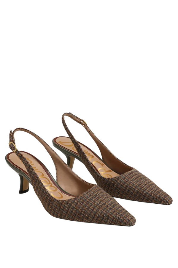 brown plaid point toe sling back kitten heels 