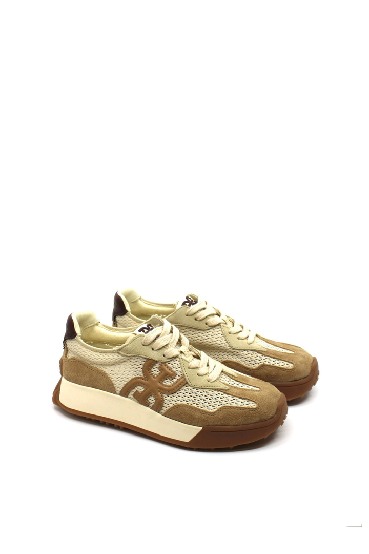 Beige and brown sneakers on a white background