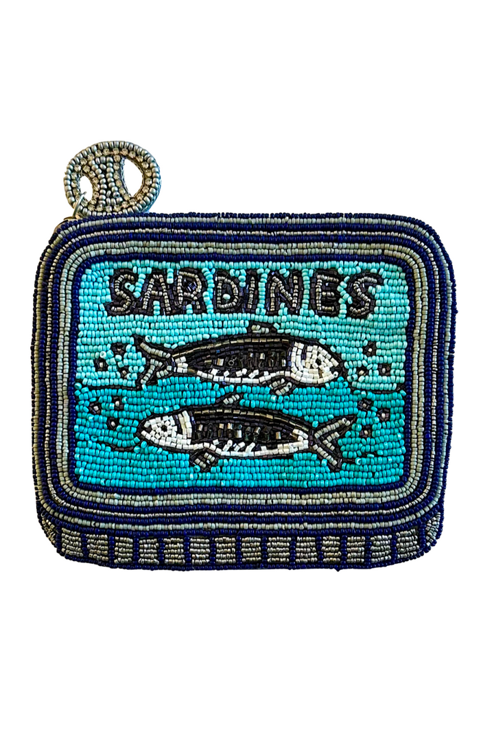 Beaded pouch with 'Sardines' text and fish illustration on a white background