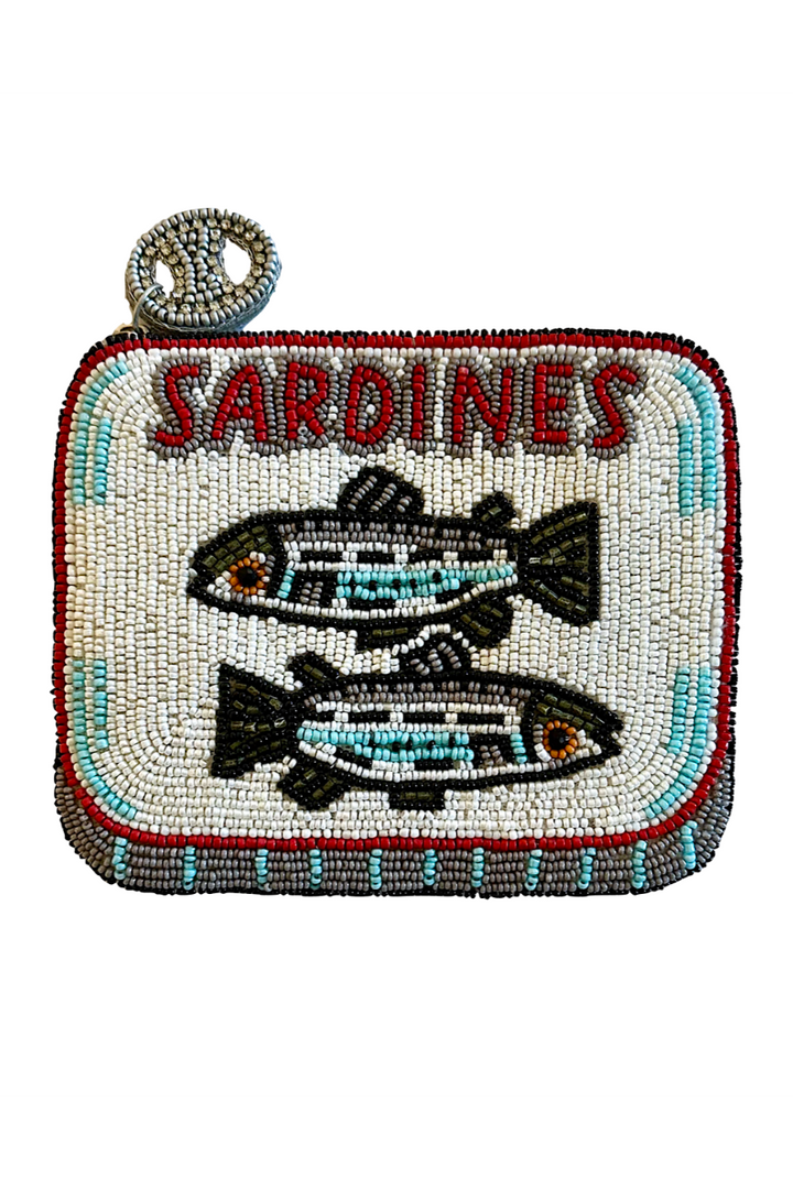 Beaded pouch with fish design and 'Sardines' text on a white background