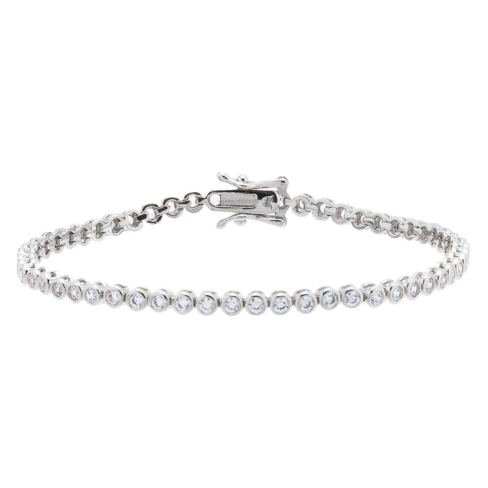 Silver bracelet with clear stones on a white background