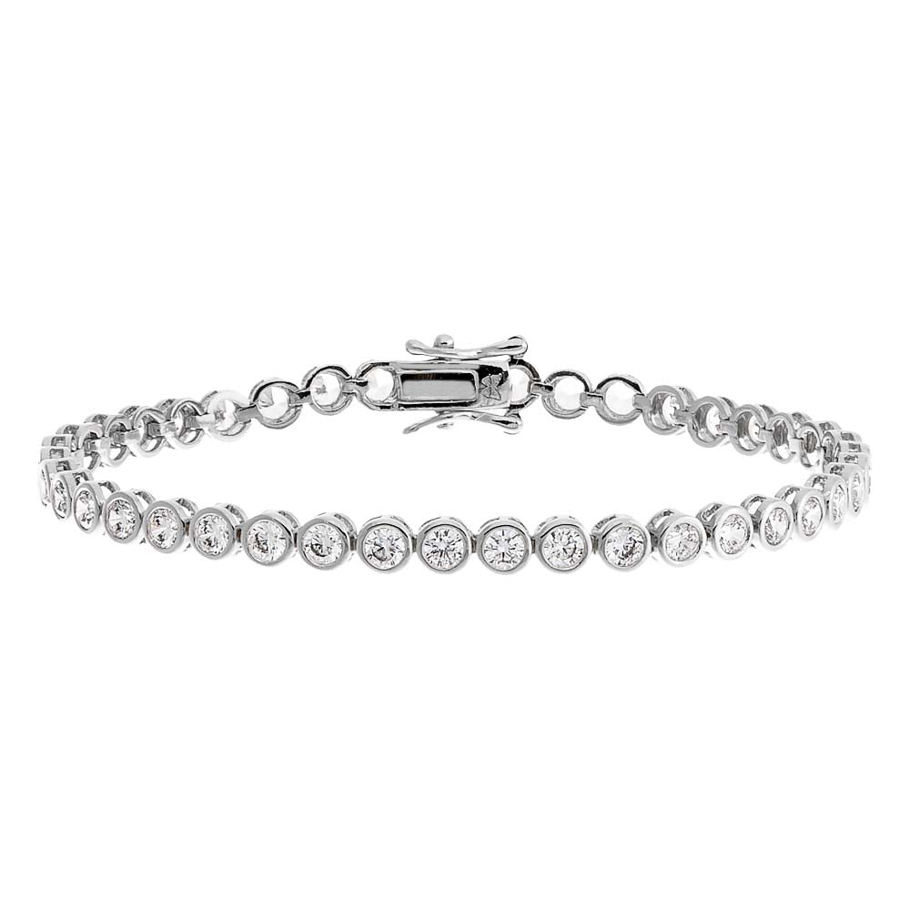 Silver bracelet with clear stones on a white background