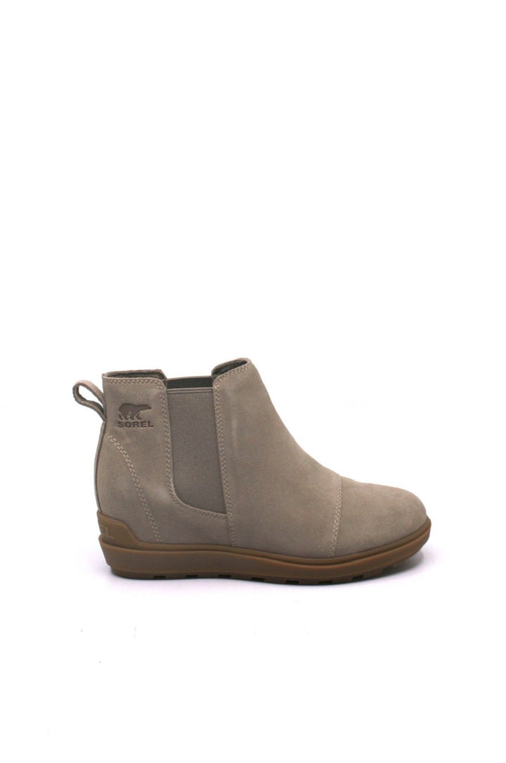 Sorel Evie II Chelsea Omega Taupe/Gum - Dear Lucy Crafted from durable full-grain leather and suede, they feature a breathable design and a molded rubber outsole for added support featuring a 2 inch built in wedge 
