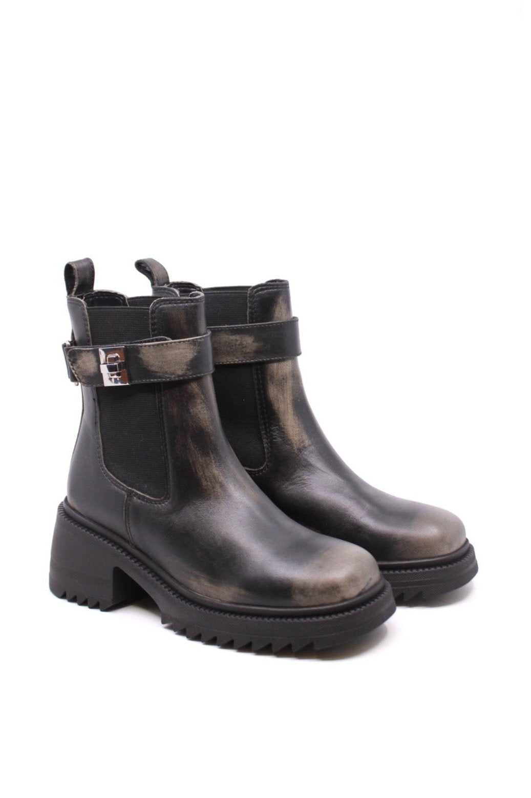 Steve Madden Gates Black Distressed side view- Dear Lucy Score street style cred with GATES, the Steve Madden Chelsea booties crafted from distressed black leather and set on an edgy platform sole. The turnlock-fastened strap gives the perfect finishing touch! Get ready to rock the sidewalk.