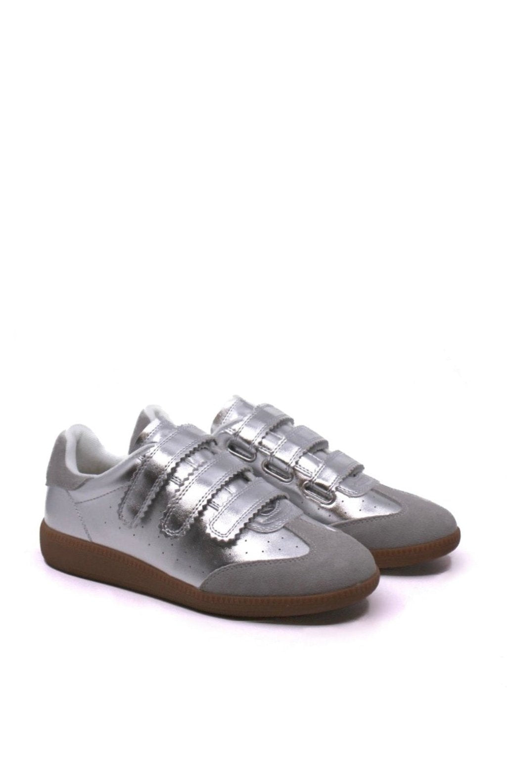 Steve Madden Momentum Silver side view- Dear Lucy Step up your shoe game with Steve Madden's Momentum Silver sneakers. These low-top Velcro kicks deliver both style and practicality with their sleek design and convenient closures. Perfect for casual or athletic occasions, they'll elevate your everyday wear with comfort and ease.