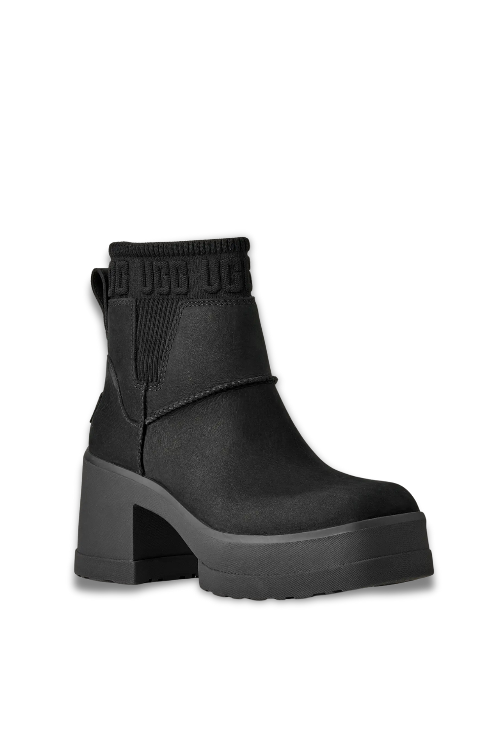 Black ankle boot with platform sole on a white background