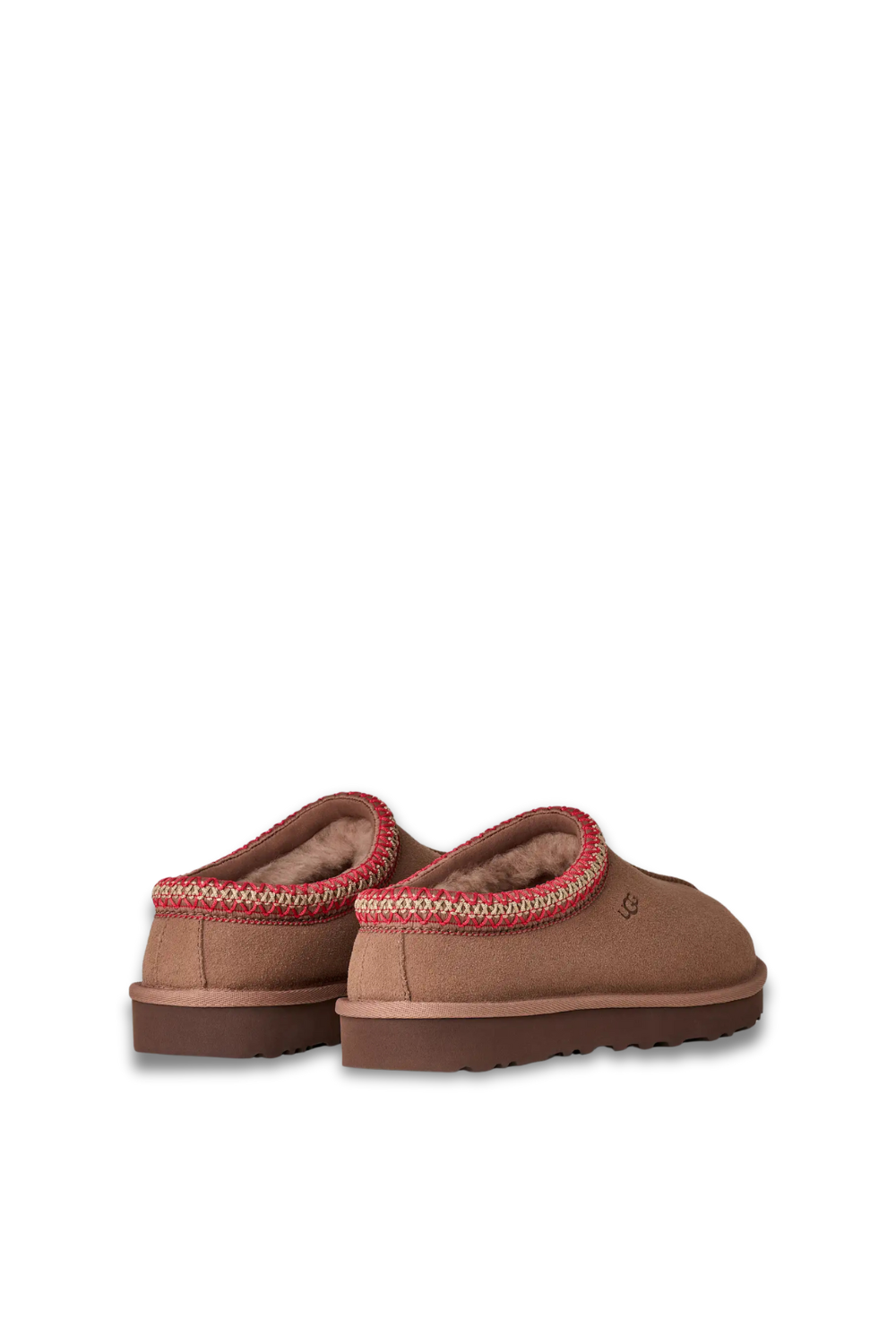 Brown UGG slipper with red trim and sherpa lining 