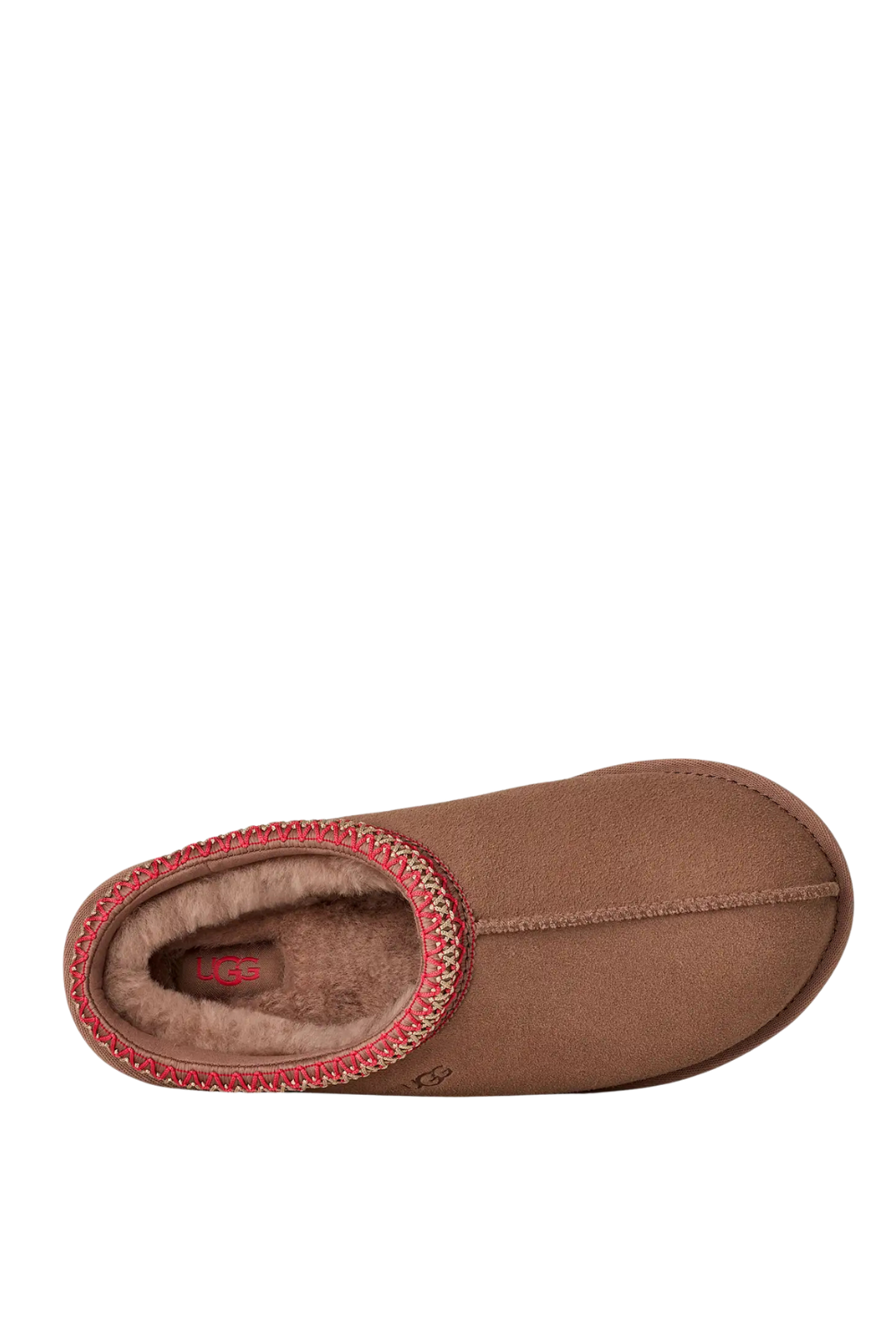 Brown UGG slipper with red trim and sherpa lining 