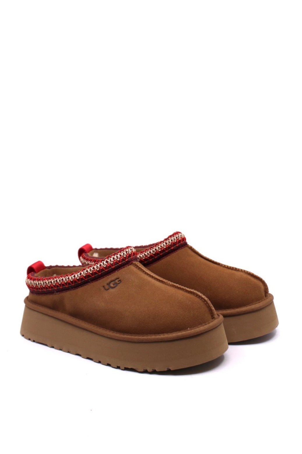 Brown slippers with red trim and platform sole from UGG 