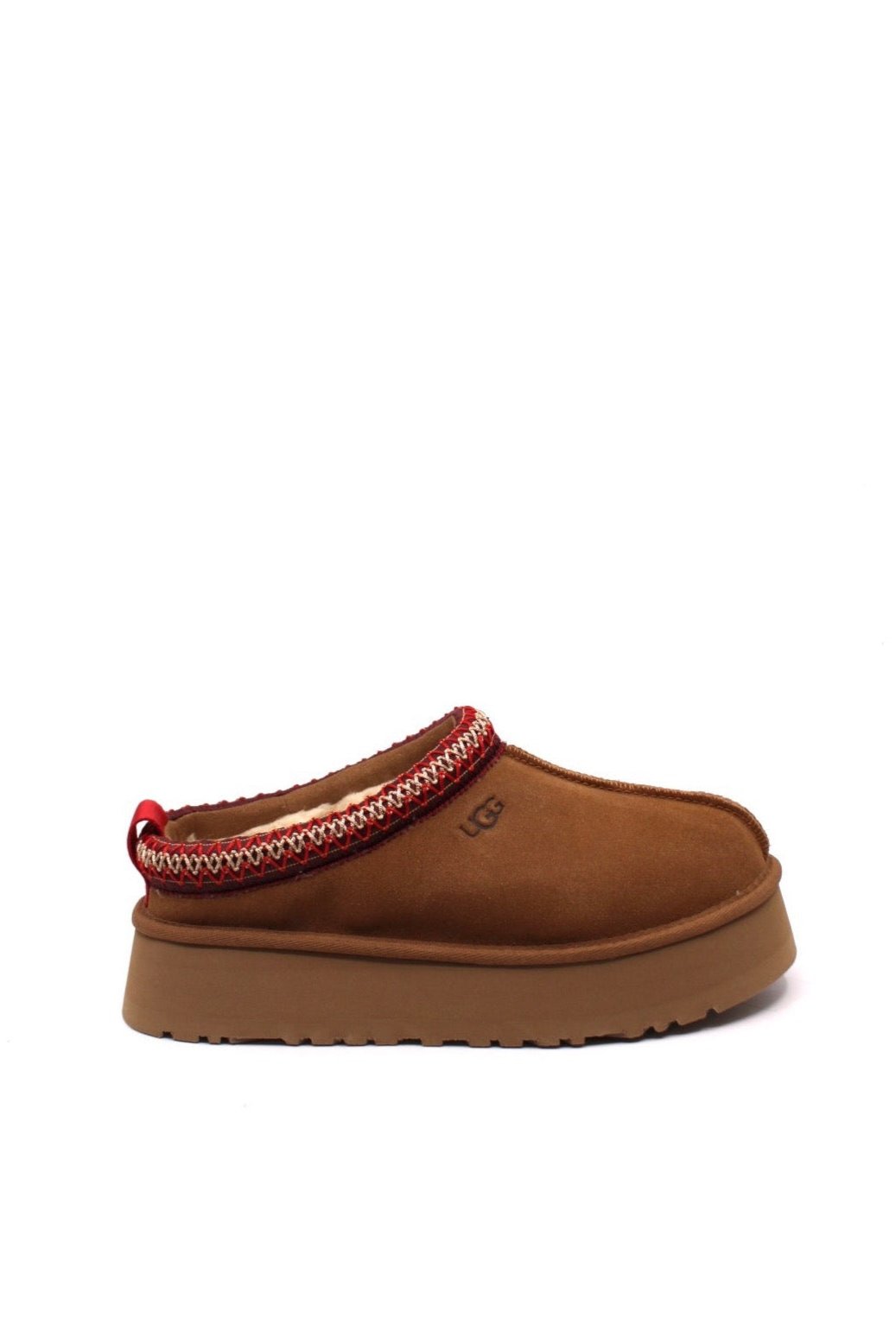 Brown slippers with red trim and platform sole from UGG 