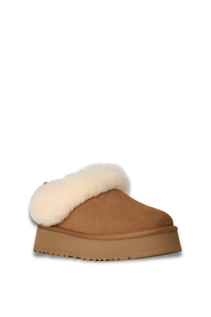 Brown platform boot with white fur lining 