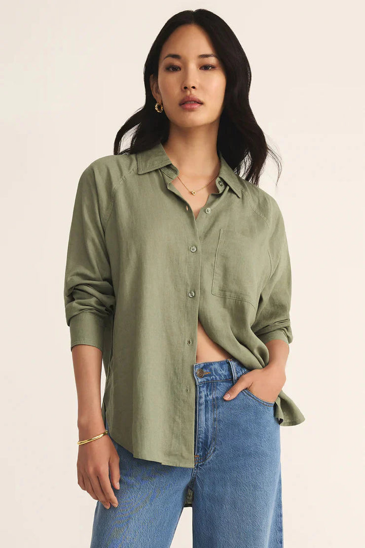 Z Supply Perfect Linen Top in Avocado - Dear Lucy