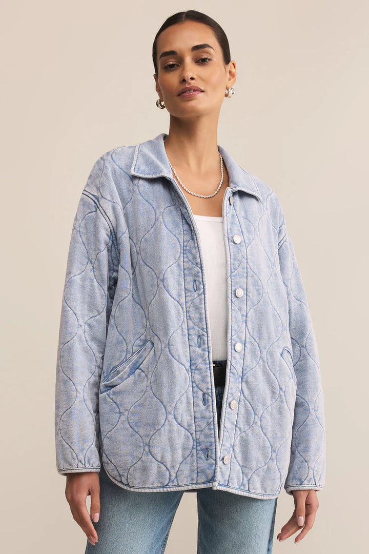 Button up quilted knit denim jacket with front pockets