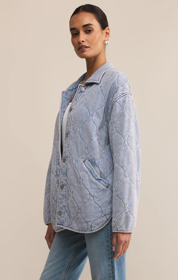 Button up quilted knit denim jacket with front pockets