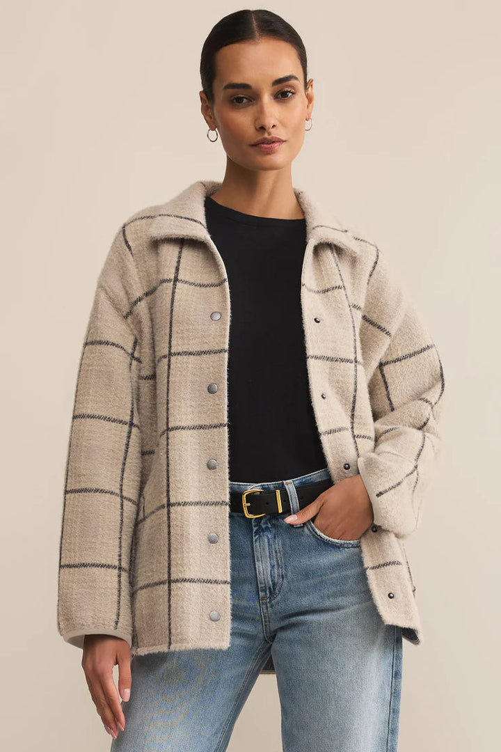 Button snap white plaid nit jacket 