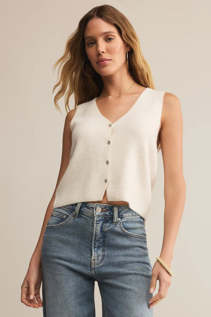 sleeveless silhouette with a v-neckline, button-front closure sweater vest