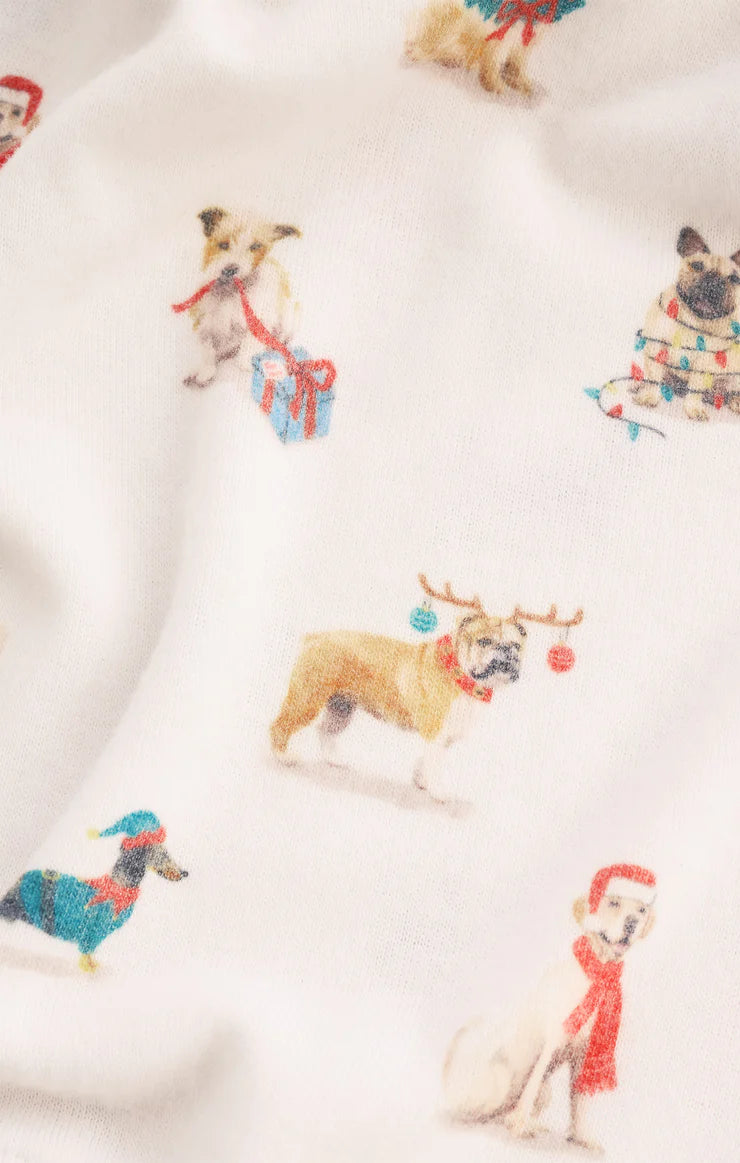 Pattern of dogs in festive outfits on a white pajamas Z Supply