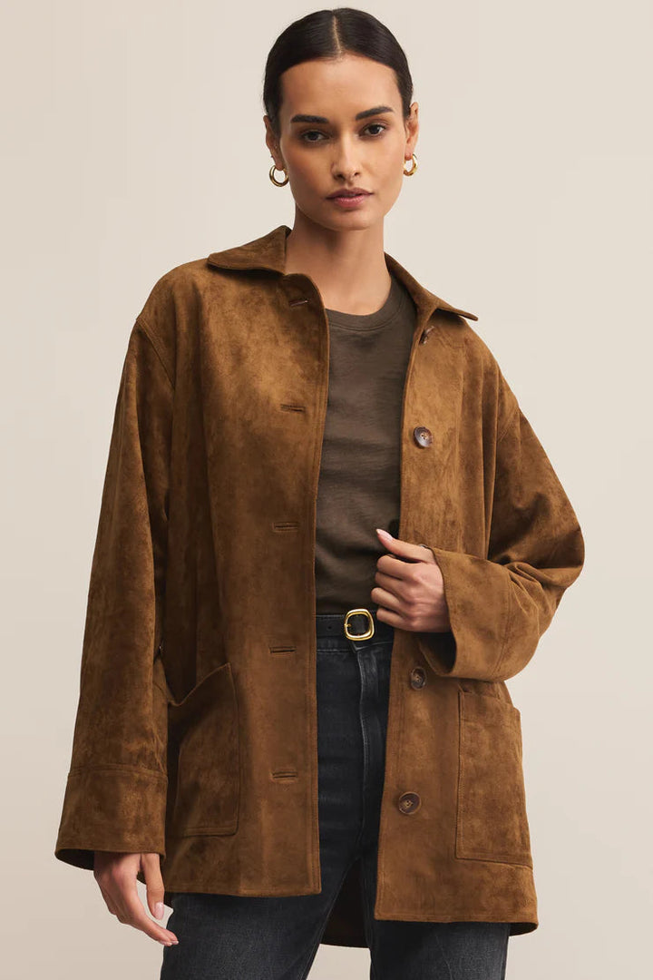 Brown faux suede collared button up jacket
