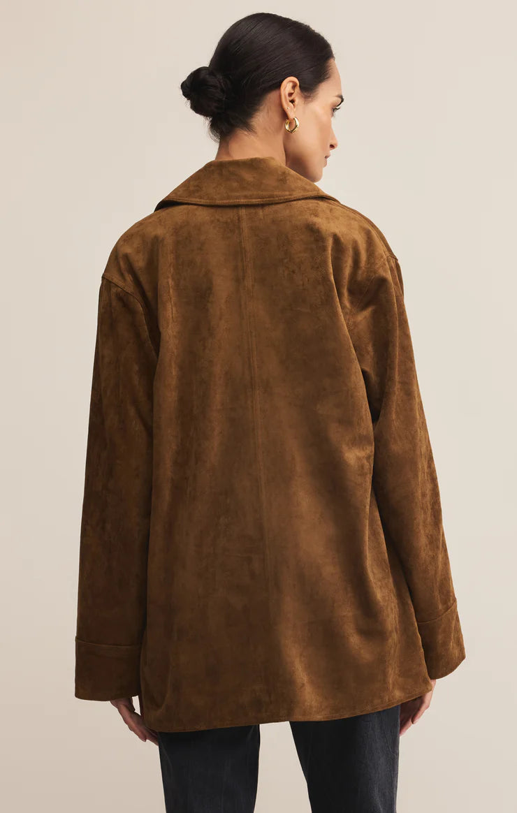 Brown faux suede collared button up jacket