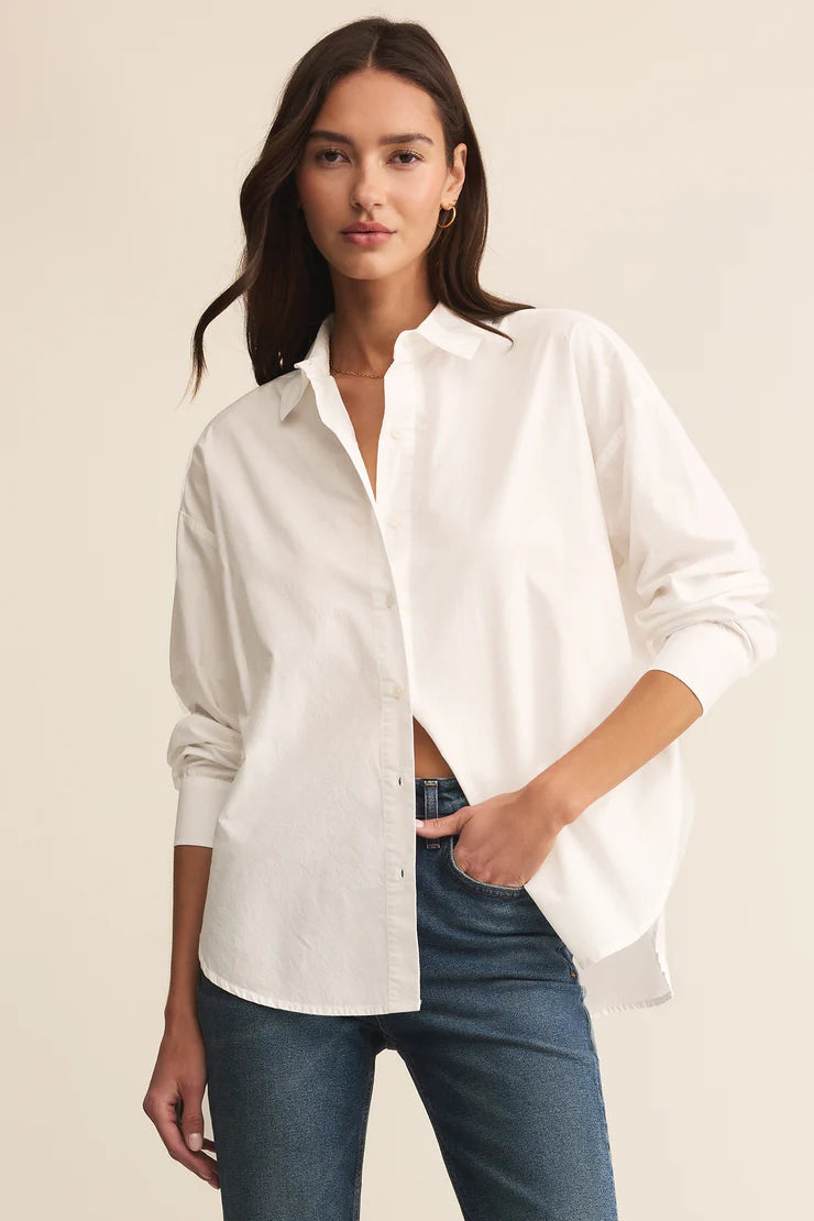 Z supply white long sleeve button up poplin shirt