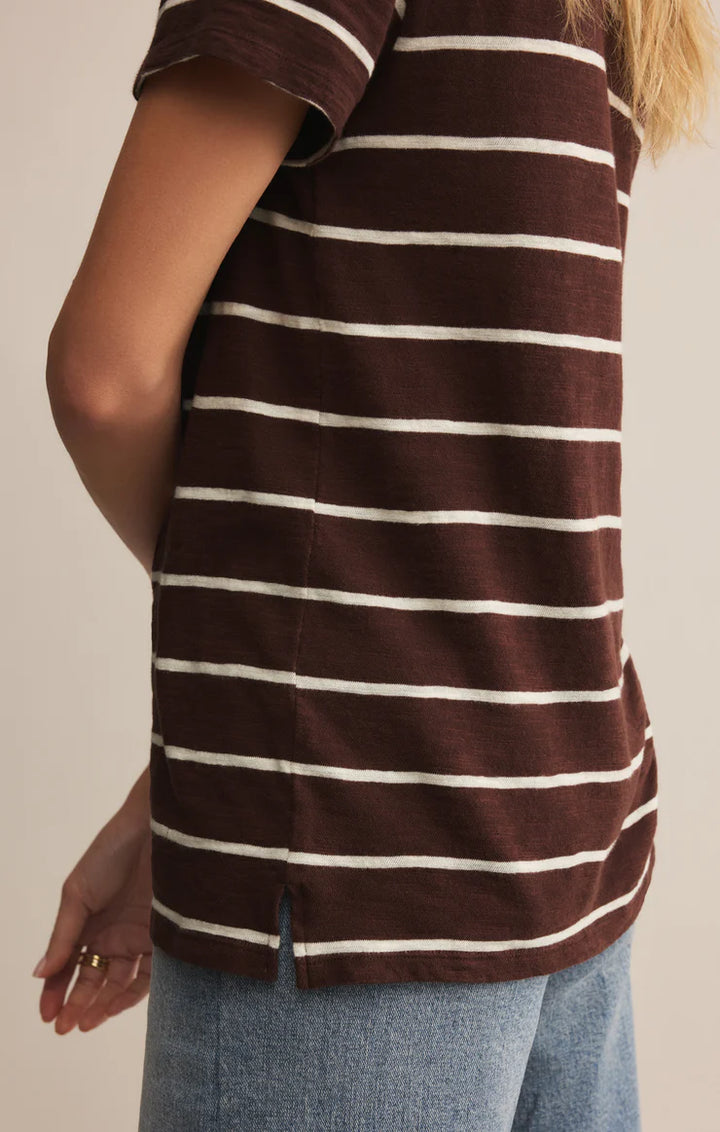 Brown and white striped shirt with crew neck