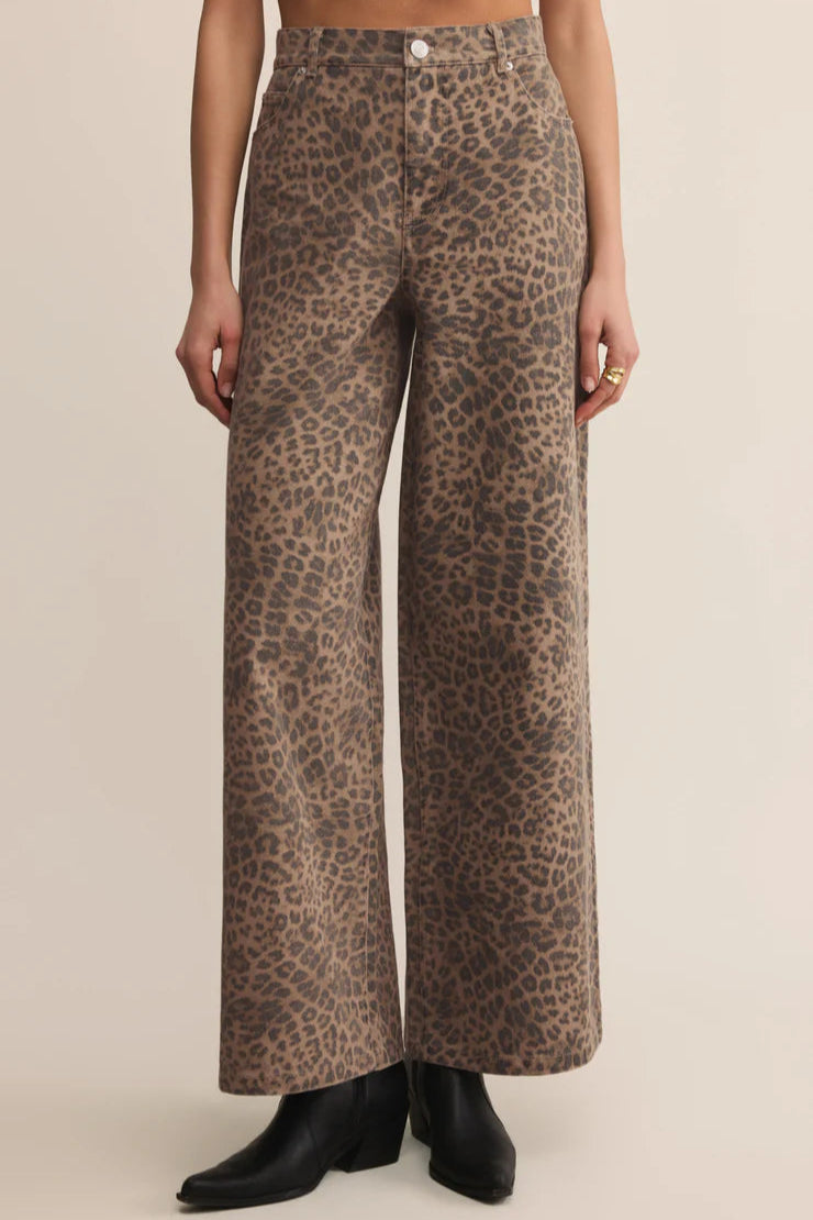 wide leg leopard print cotton denim pant