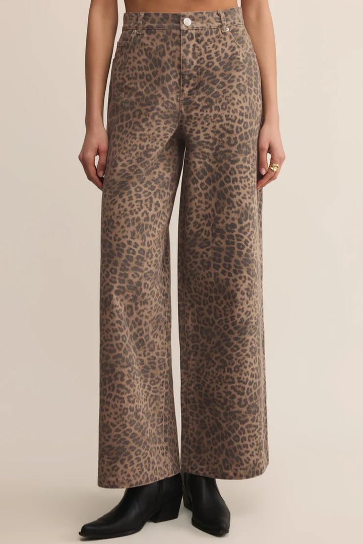 wide leg leopard print cotton denim pant
