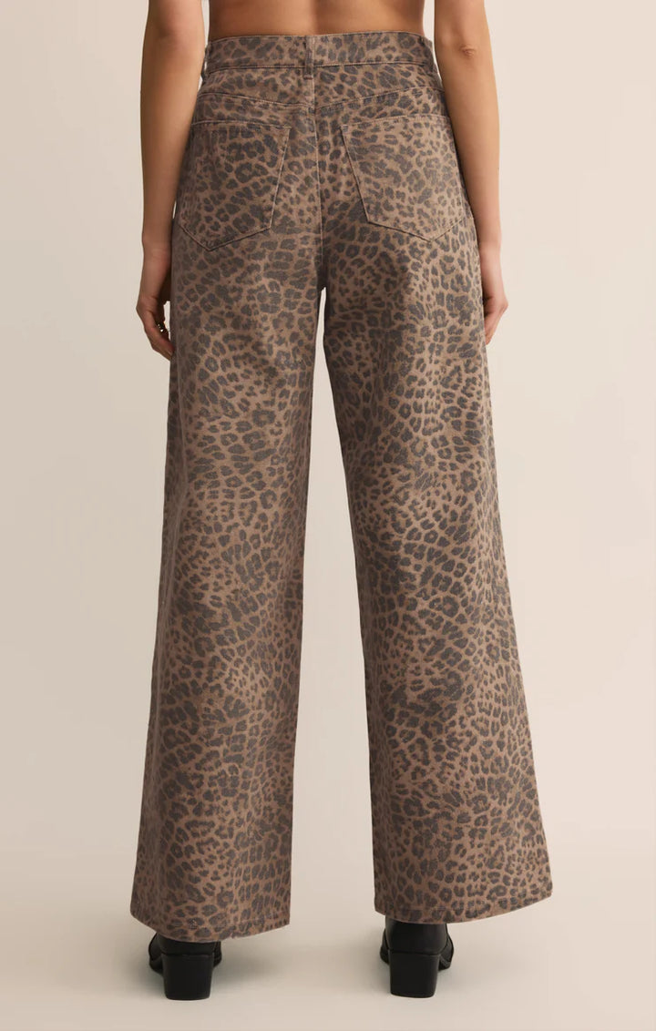 wide leg leopard print cotton denim pant