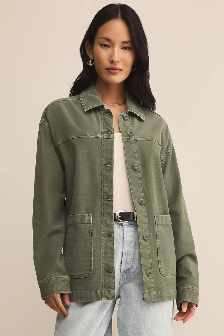 Hunter green twill jacket featuring collared neckline, button-front closure by z supply 