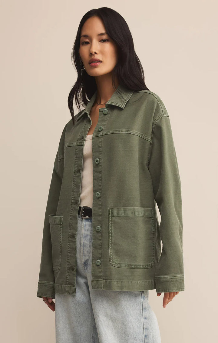 Hunter green twill jacket featuring collared neckline, button-front closure by z supply 