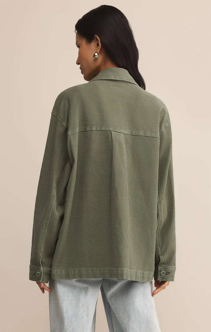 Hunter green twill jacket featuring collared neckline, button-front closure by z supply 