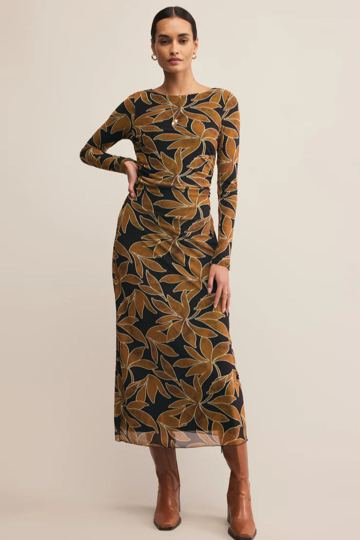 Long sleeve maxi dress with brown and black floral pattern