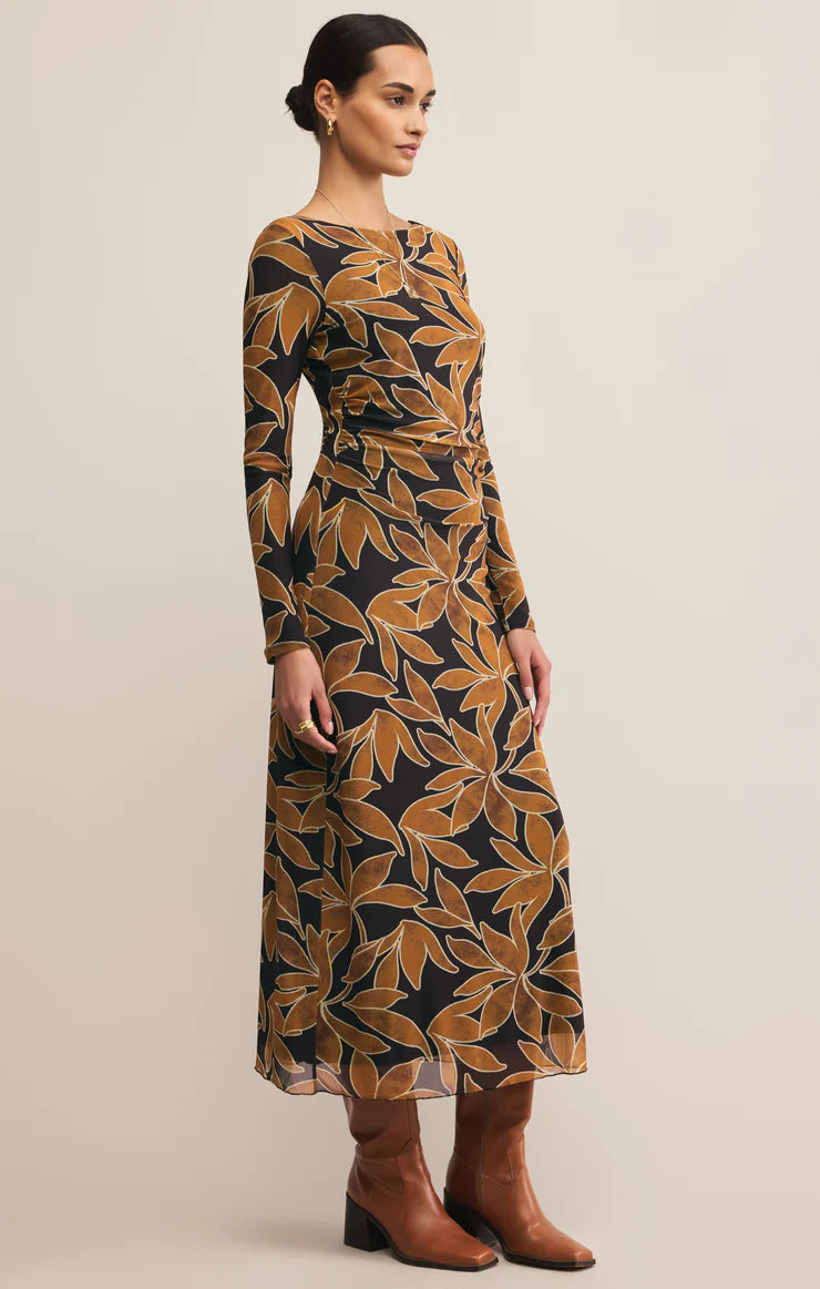 Long sleeve maxi dress with brown and black floral pattern