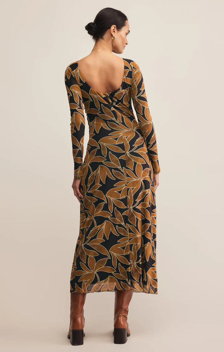 Long sleeve maxi dress with brown and black floral pattern