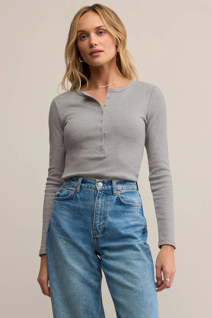 button up long sleeve henley shirt in grey