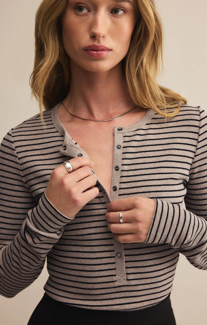 Long sleeve striped rib henley shirt in taupe and black