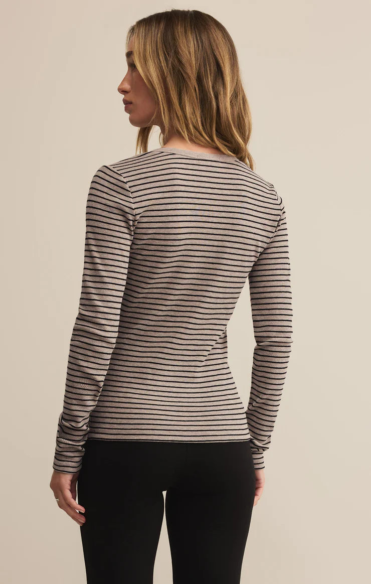 Long sleeve striped rib henley shirt in taupe and black