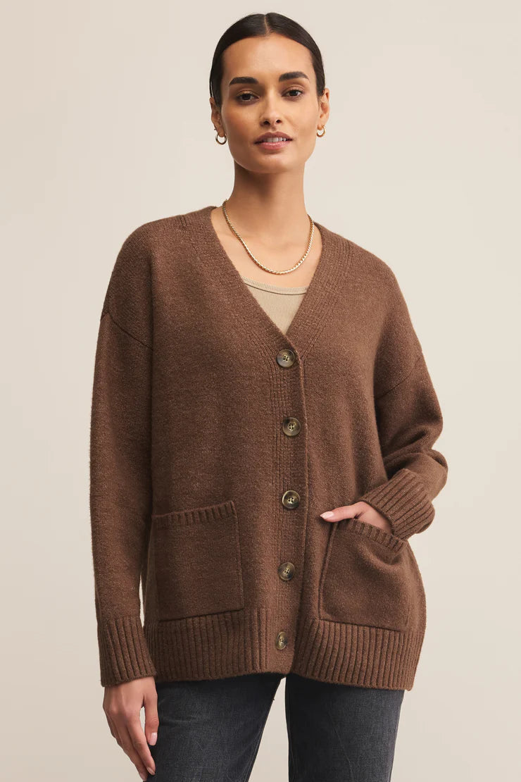 Heavy weight button up v neck cardigan in brown 