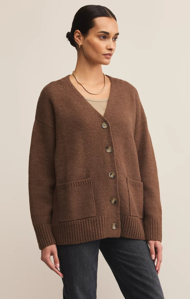 Heavy weight button up v neck cardigan in brown 