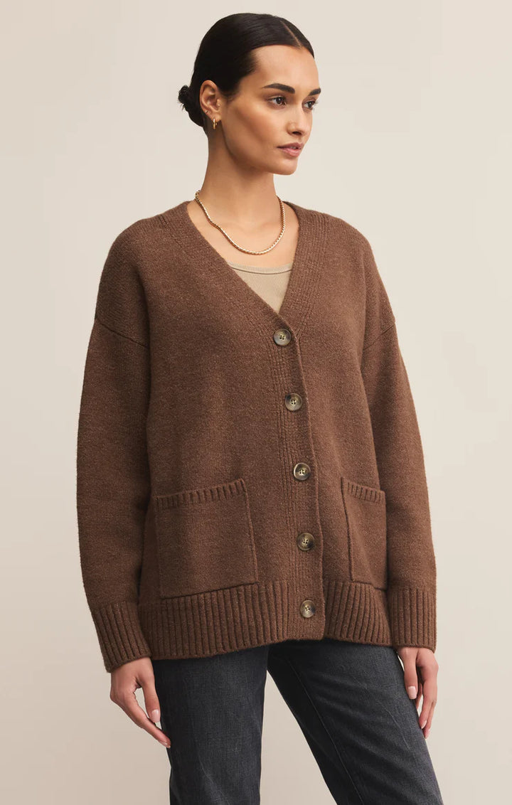 Heavy weight button up v neck cardigan in brown 