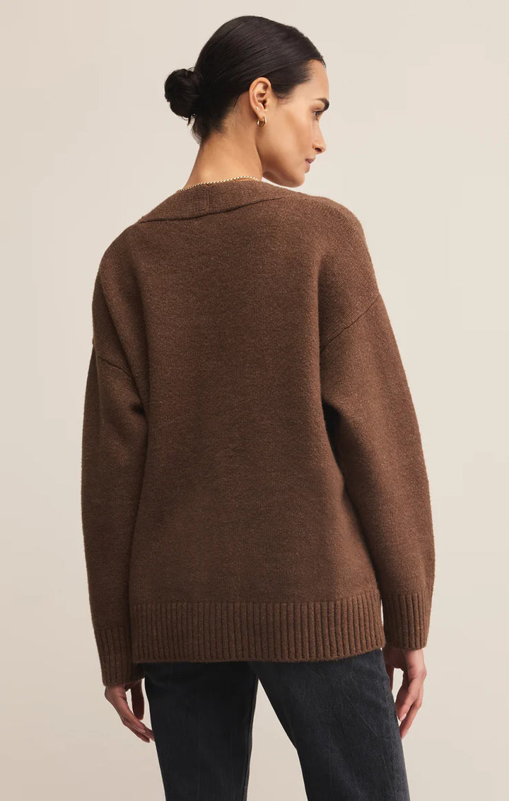 Heavy weight button up v neck cardigan in brown 