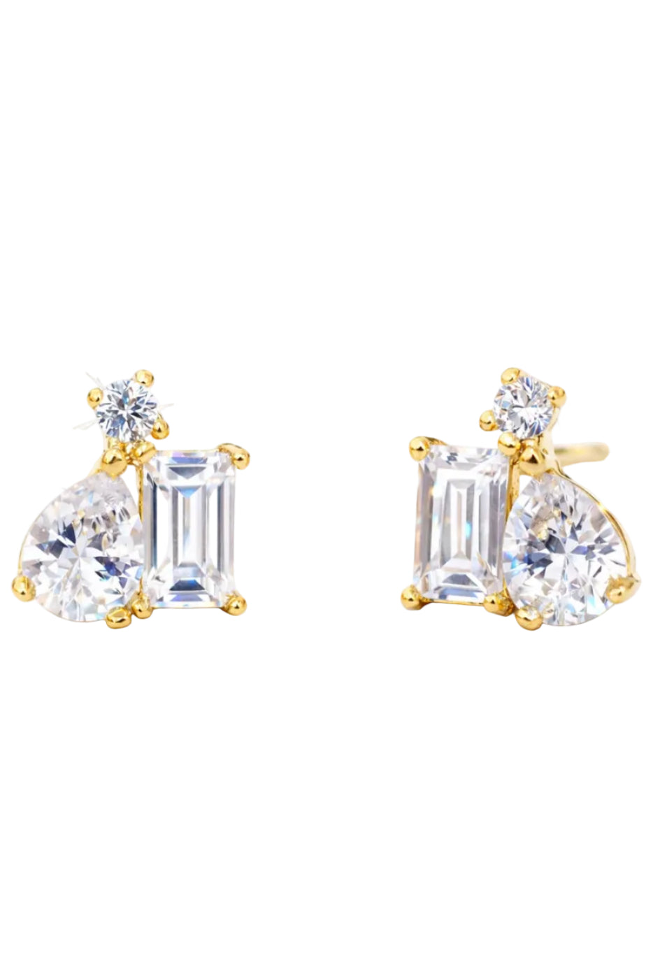 Pair of gold and crystal earrings on a white background