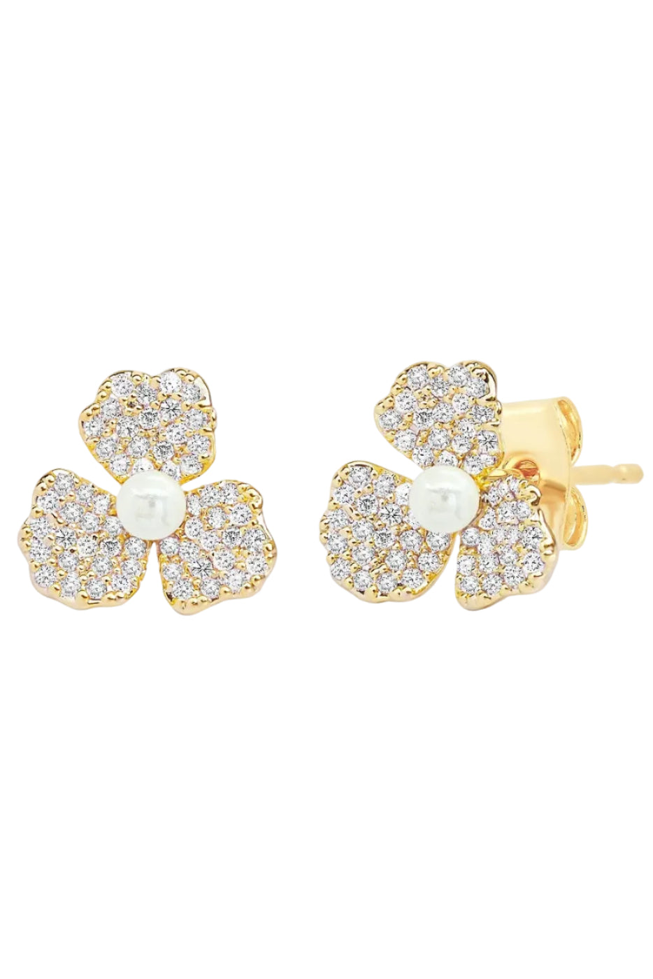 Triple Petal Pave' And Pearl Studs