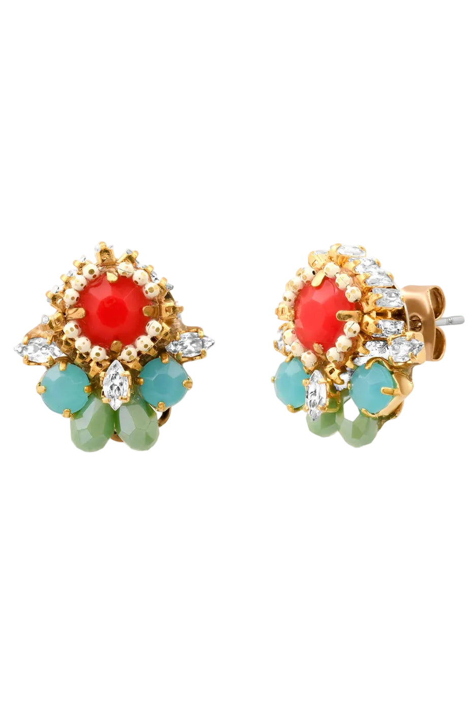 Pair of gold earrings with red, green, and blue gemstones on a white background